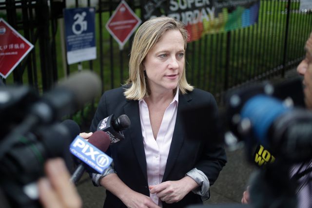 Queens Borough President Melinda Katz speaking with reporters while campaigning on Primary day